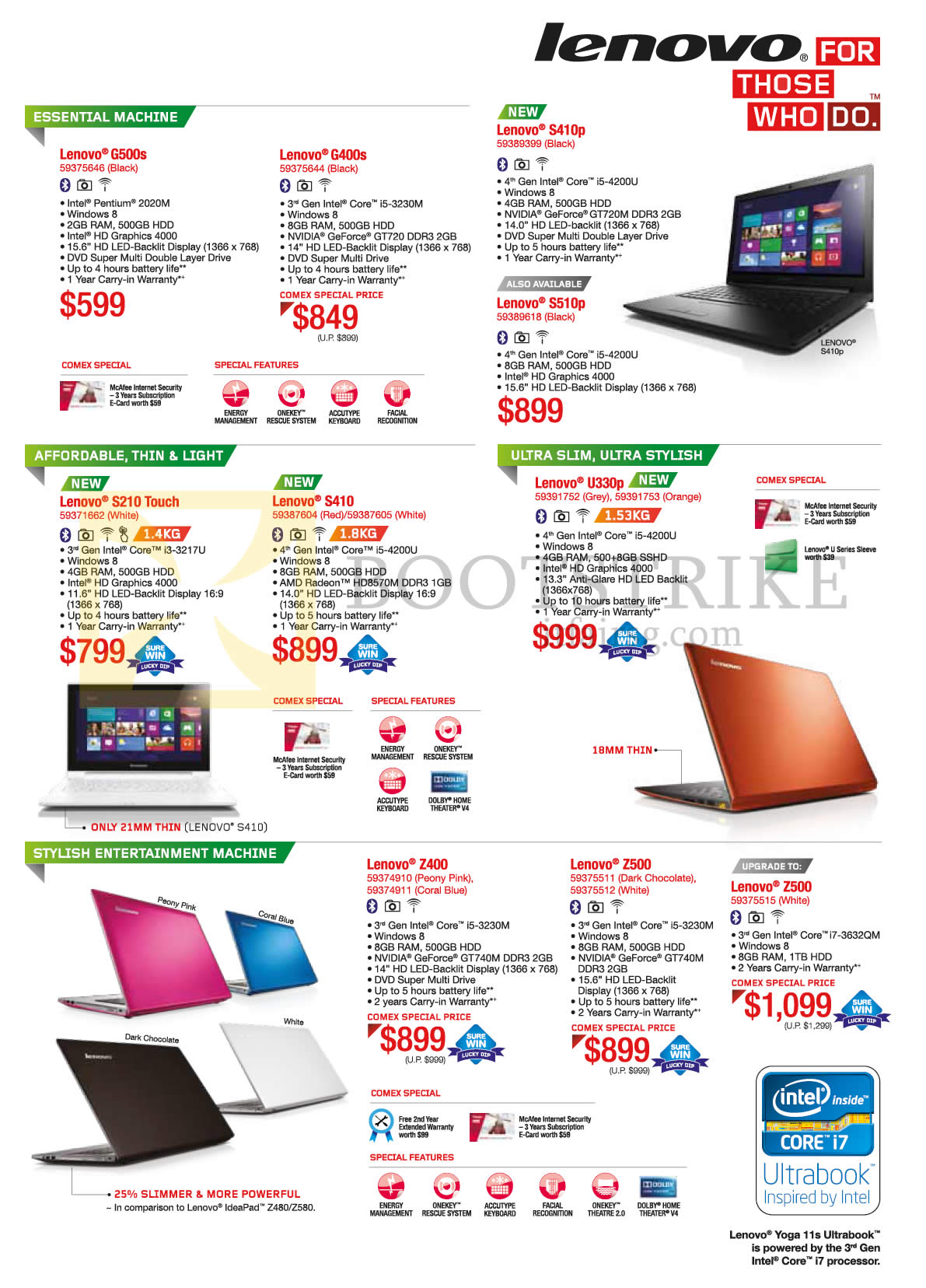 COMEX 2013 price list image brochure of Lenovo Notebooks G500s, G400s, S410p, S510p, S210 Touch, S410, U330p, Z400, Z500