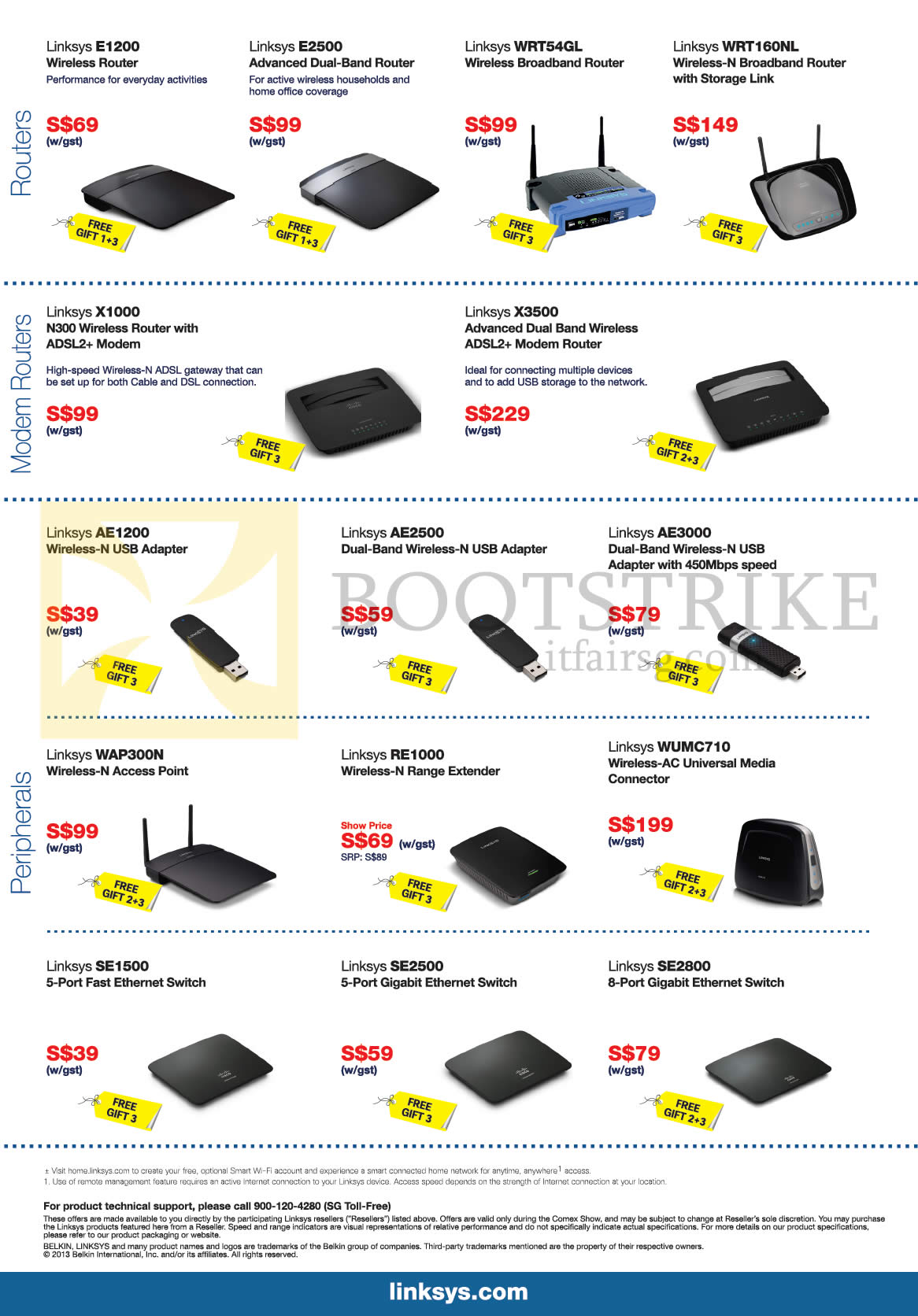 COMEX 2013 price list image brochure of Linksys Networking Routers E1200 E2500 WRT54GL WRT160NL, Modem X1000 X3500, USB Adapters, Range Extender, Switch