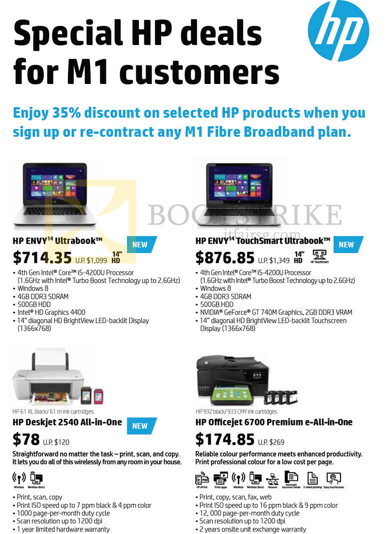 COMEX 2013 price list image brochure of M1 HP Notebooks Envy Ultrabook, TouchSmart, Deskjet 2540 Printer, Officejet 6700