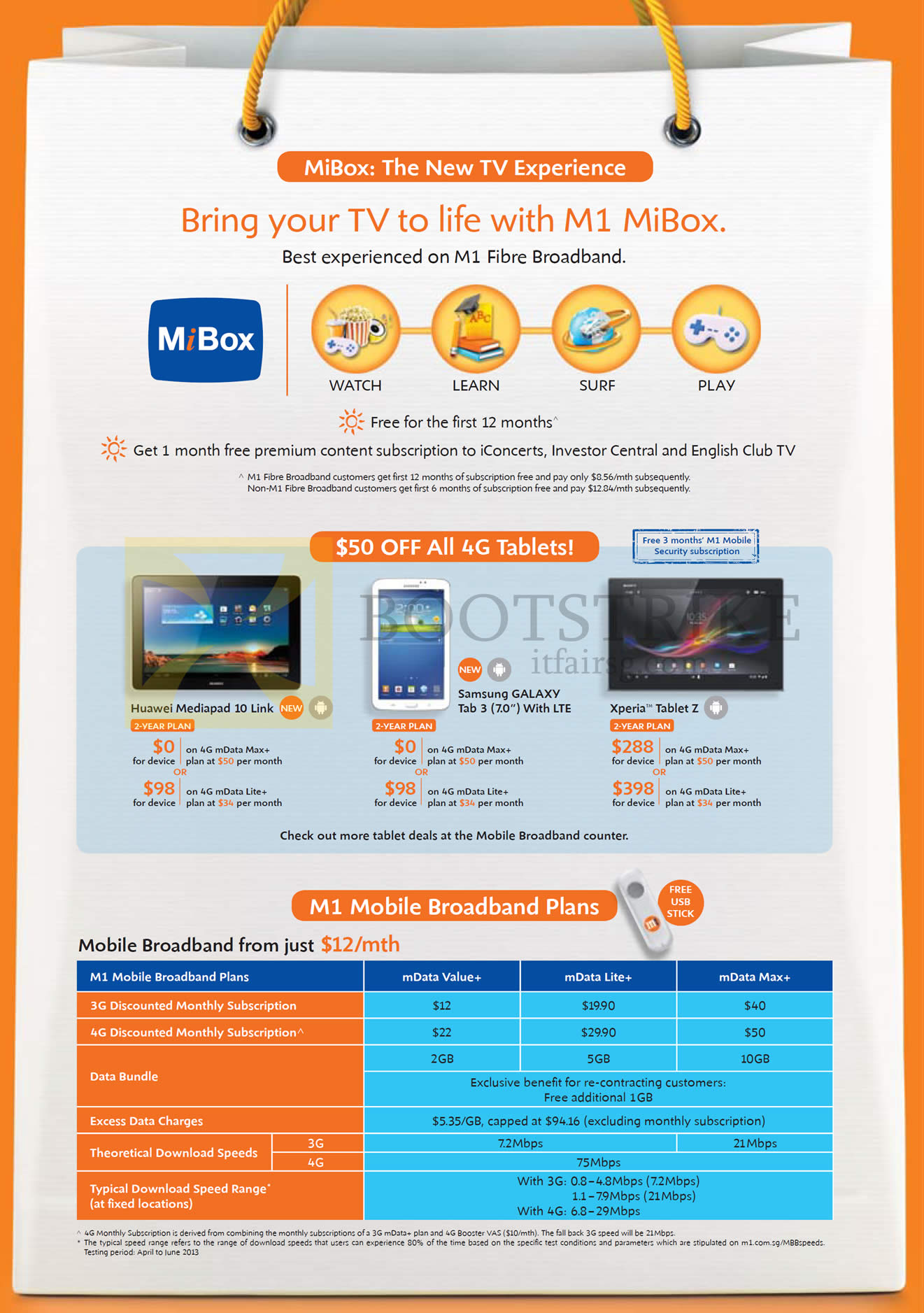 COMEX 2013 price list image brochure of M1 MiBox TV, Huawei Mediapd 10, Samsung Galaxy Tab 3 7.0, Sony Xperia Tablet Z, Mobile Broadband MData