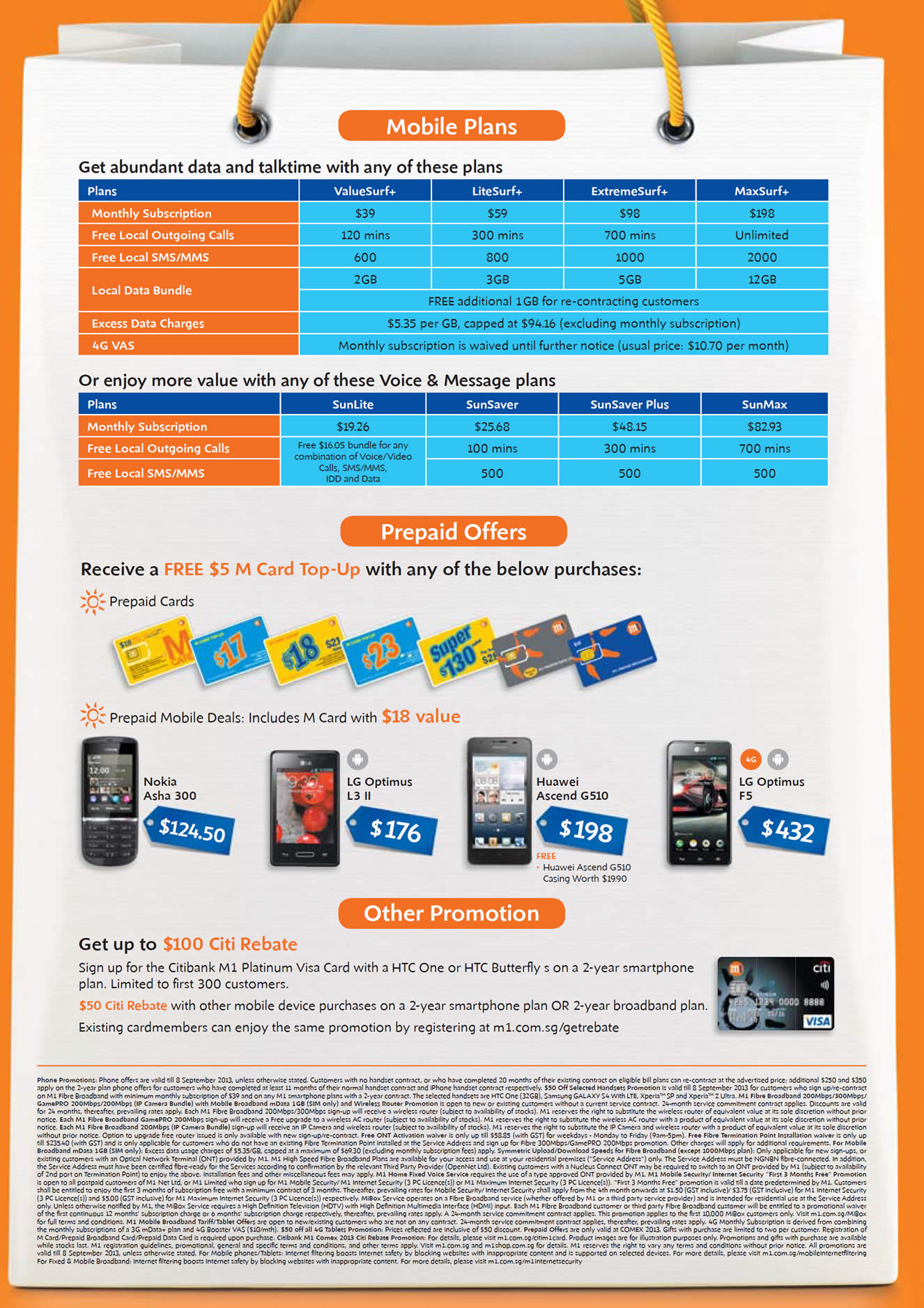 COMEX 2013 price list image brochure of M1 Mobile Plans, Prepaid M Card Free Top-Up, Nokia Asha 300, LG Optimus L3 II, F5, Huawei Ascend G510, Citibank Rebate