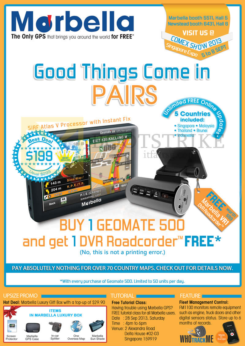 COMEX 2013 price list image brochure of Marbella Maka GPS Newstead Geomate 500 Free DVR Roadcorder, Tutorial, Upsize Promo