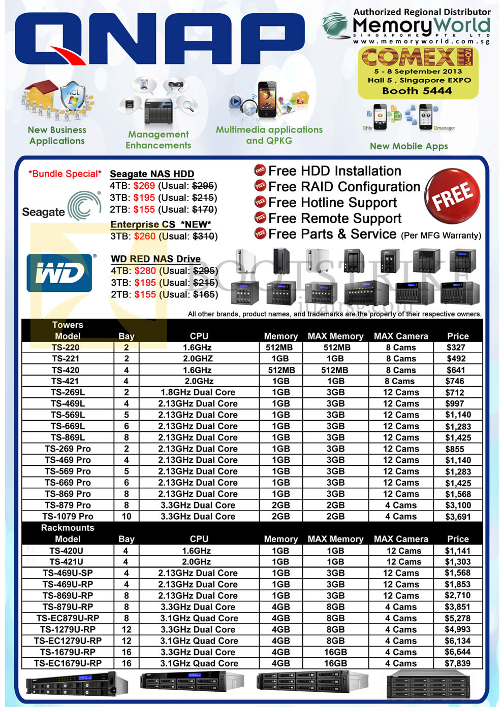 COMEX 2013 price list image brochure of Memory World QNap NAS, Tower, Rackmount, Seagate, WD Red