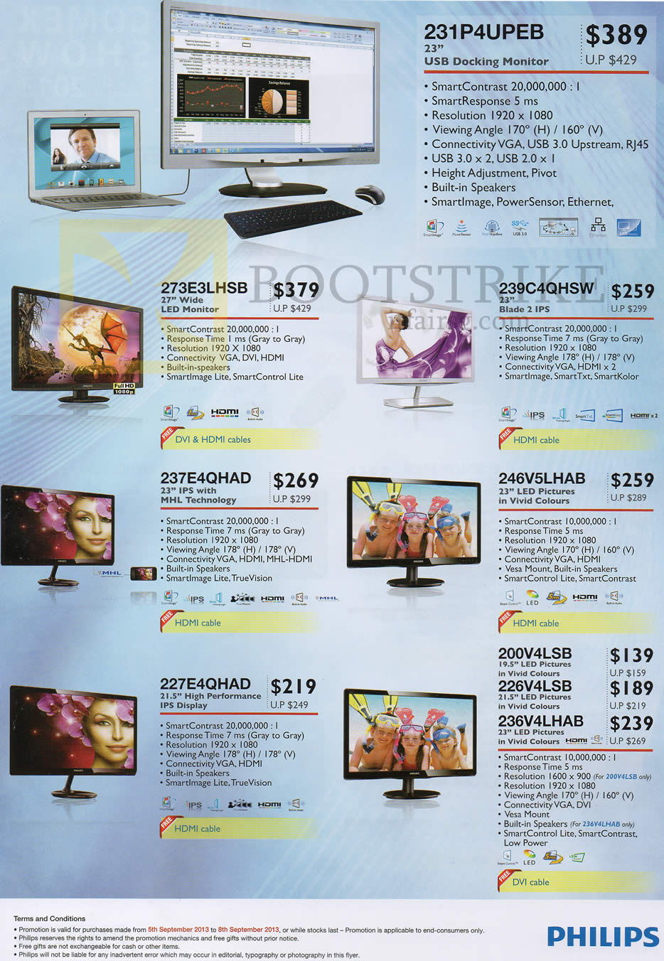 COMEX 2013 price list image brochure of Newstead Philips Monitors 231P4UPEB, 273E3LHSB, 239C4QHSW, 237E4QHAD, 246VHLHAB, 227E4QHAD, 200V4LSB, 226V4LSB, 236V4LHAB