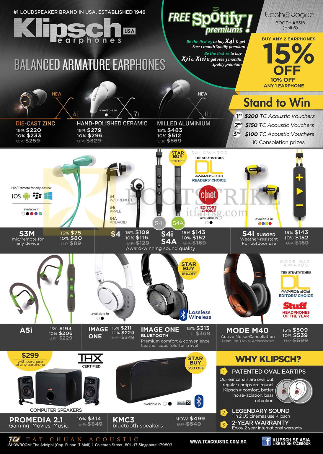 COMEX 2013 price list image brochure of Newstead Tech Vogue Klipsch Earphones X4i, X7i, 11i, S3M, S4, S4i, S4a, A5i, Image One, Mode M40 Headphones, Promedia 2.1 Speakers, KMC3