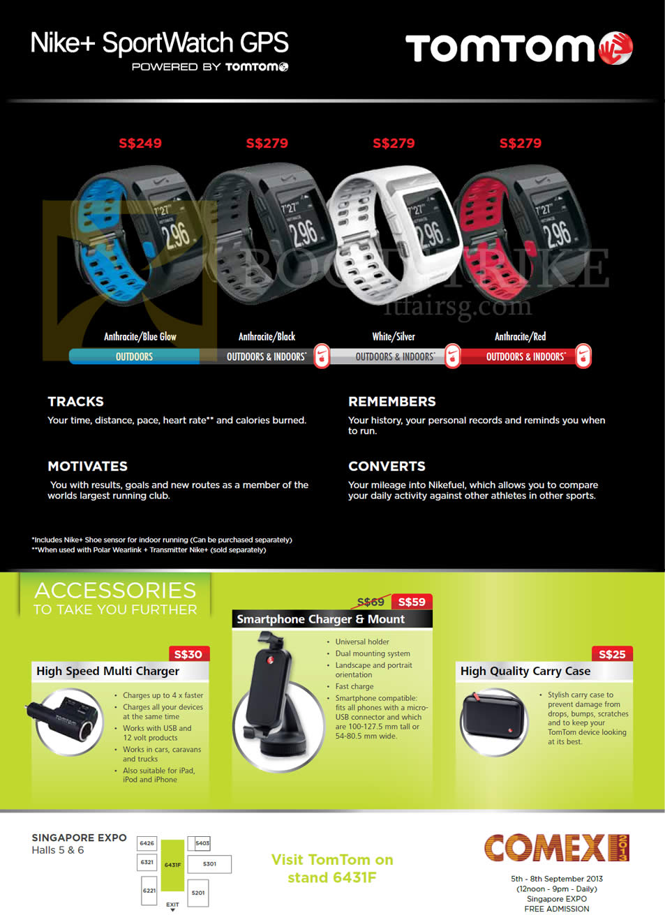 COMEX 2013 price list image brochure of Newstead TomTom Nike Plus SportWatch GPS, Accessories Charger, Mount, Carry Case