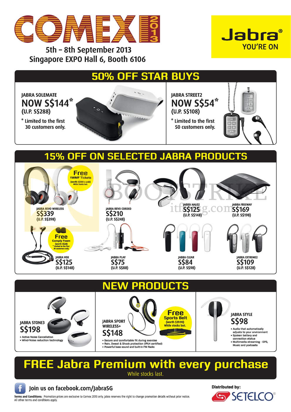 COMEX 2013 price list image brochure of Nubox Jabra Bluetooth Headsets Solemate, Street2, Revo, HAL02, Freeway, Vox, Play, Clear, Extreme2, Stone3, Sport, Style