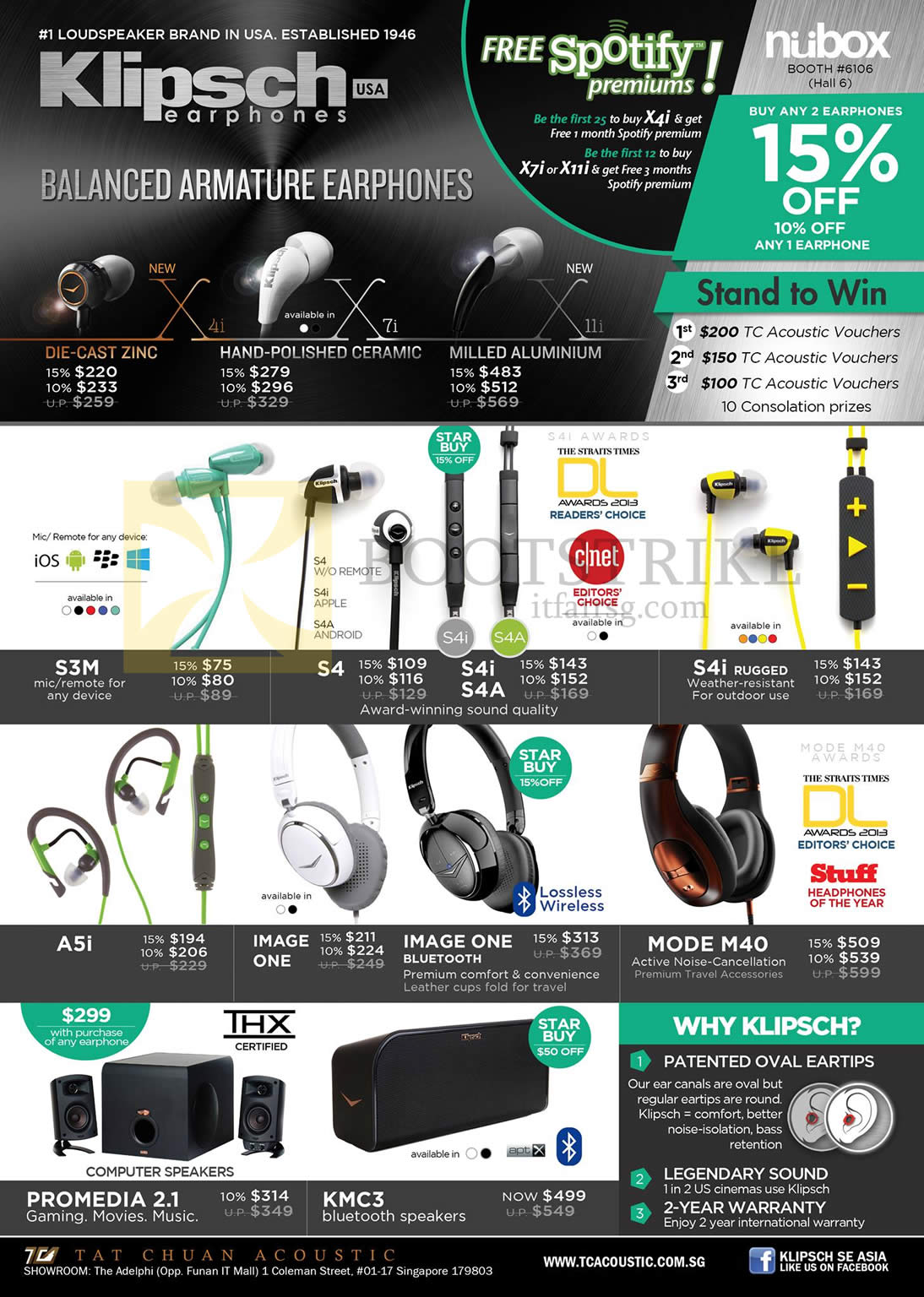 COMEX 2013 price list image brochure of Nubox Klipsch Earphones X4i, X7i, 11i, S3M, S4, S4i, S4a, A5i, Image One, Mode M40 Headphones, Promedia 2.1 Speakers, KMC3