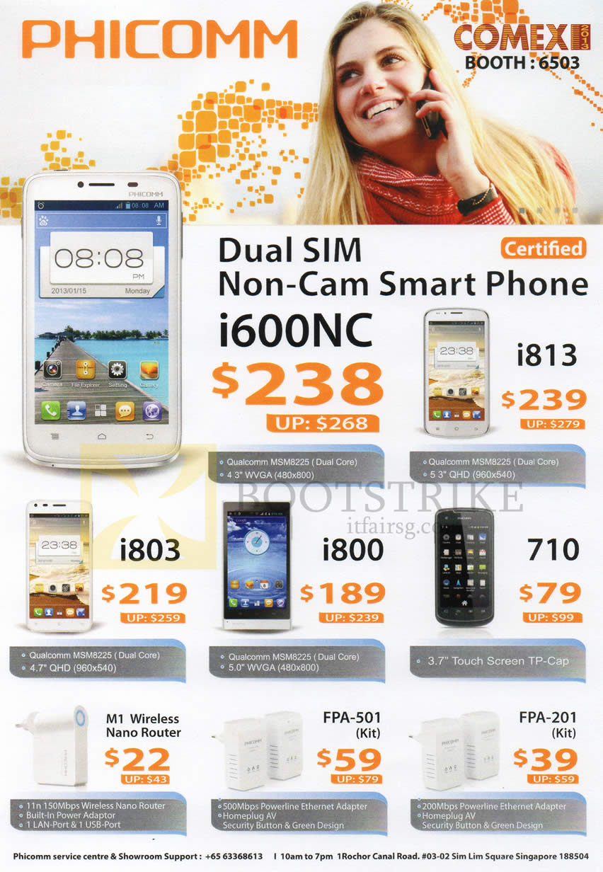 COMEX 2013 price list image brochure of Phicomm Mobile Phones I600NC, I803, I800, 710, Router M1 Wireless Nano, Powerline HomePlug FPA-501, FPA-201