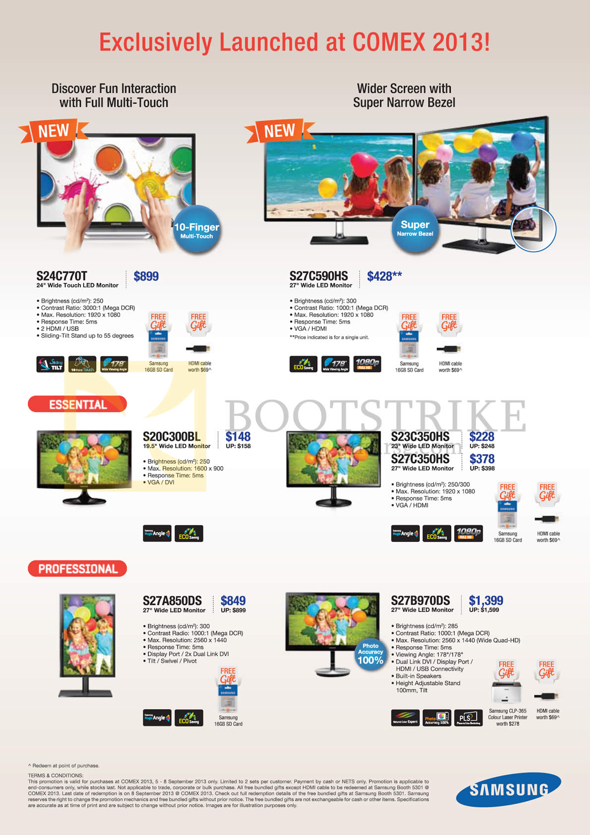 COMEX 2013 price list image brochure of Samsung Monitors S24C770T, S27C590HS, S20C300BL, S23C350HS, S27C350HS, S27A850DS, S27B970DS