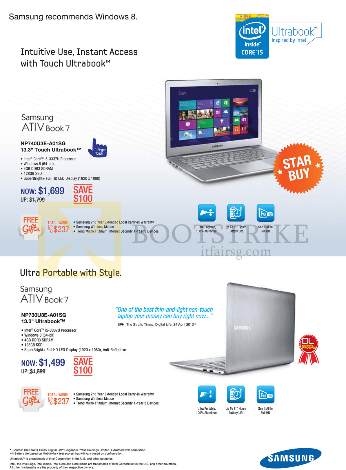 COMEX 2013 price list image brochure of Samsung Notebooks ATIV Book 7 NP740U3E-A01SG, NP730U3E-A01SG