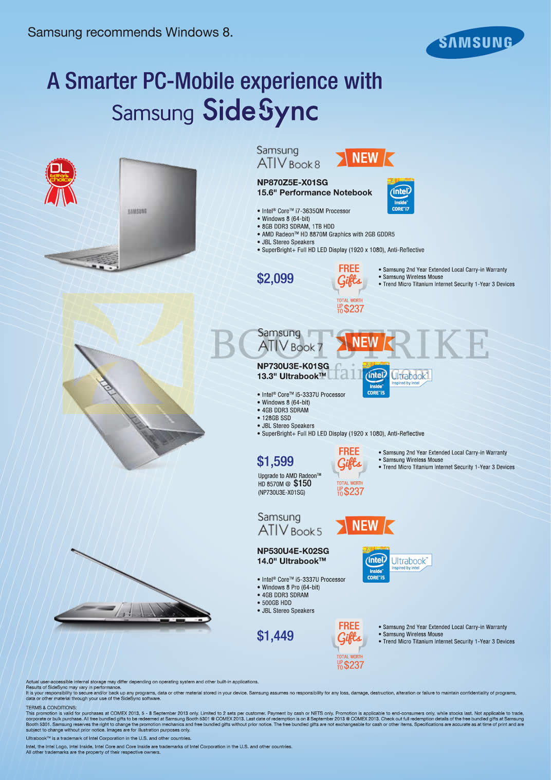 COMEX 2013 price list image brochure of Samsung Notebooks ATIV Book 8 NP870Z5E-X01SG, Book 7 NP730U3E-K01SG, Book 5 NP530U4E-K02SG