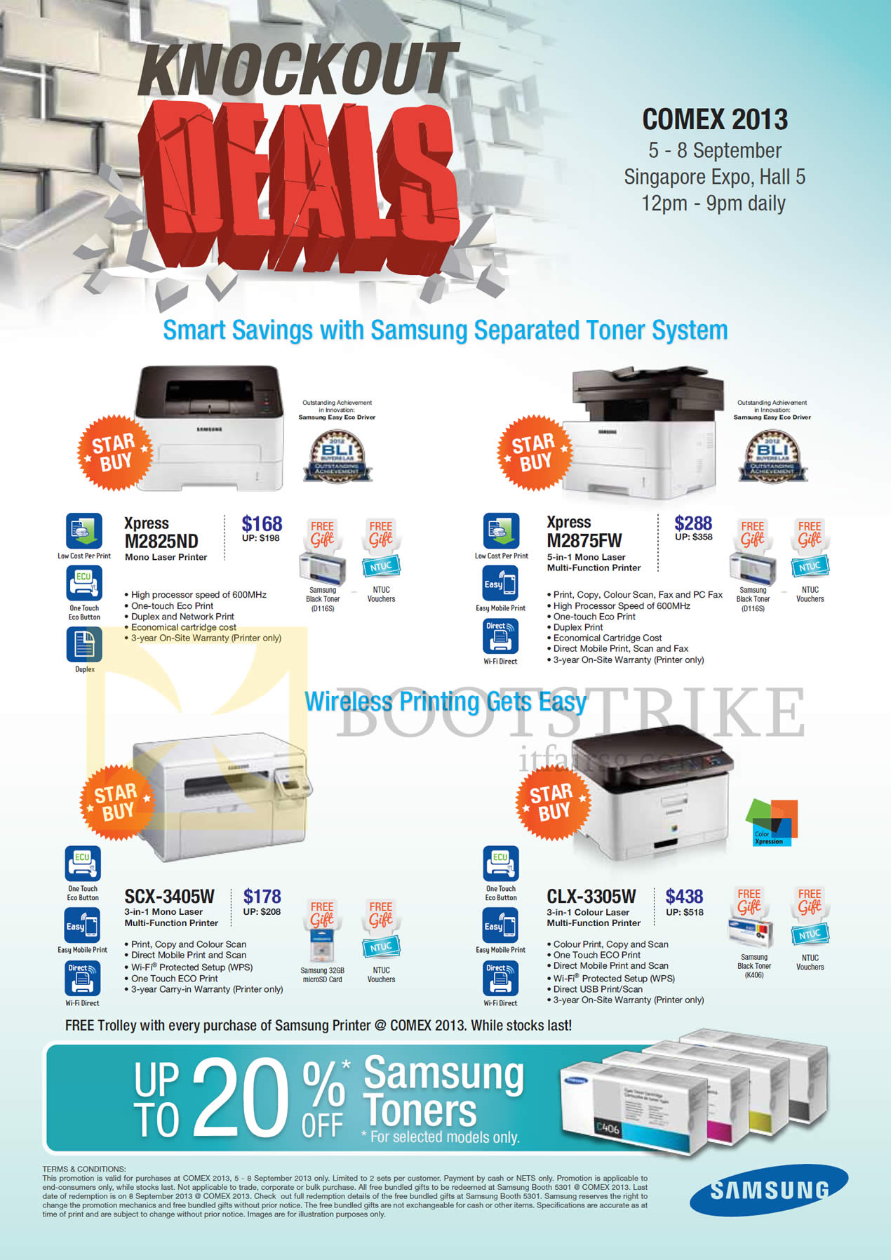 COMEX 2013 price list image brochure of Samsung Printers Laser M2825ND, M2875FW, SCX-3405W, CLX-3305W