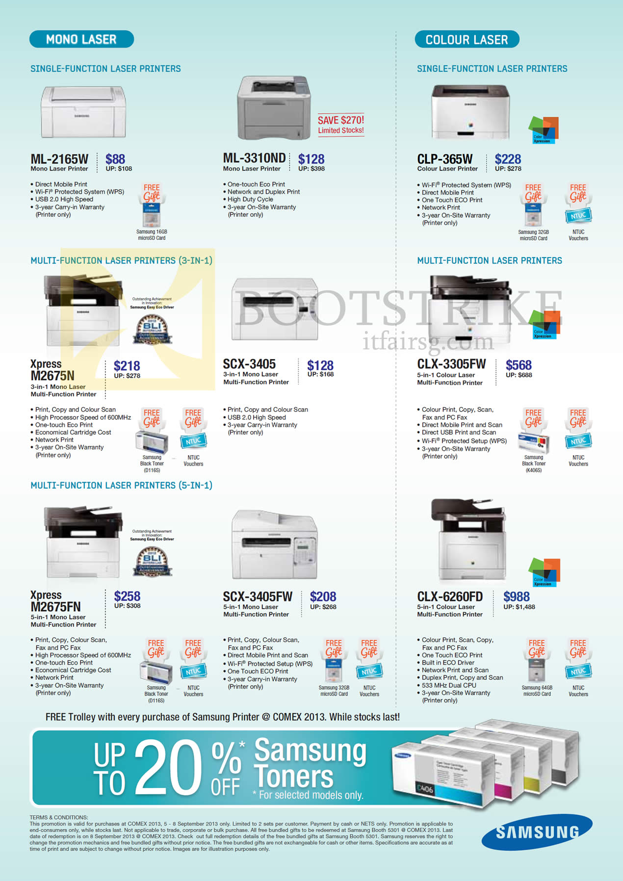 COMEX 2013 price list image brochure of Samsung Printers Laser ML-2165W, ML-3310ND, CLP-365W, Xpress M2675N M2675FN, CLX-3305FW, SCX-3405FW, SCX-3405, CLX-6260FD
