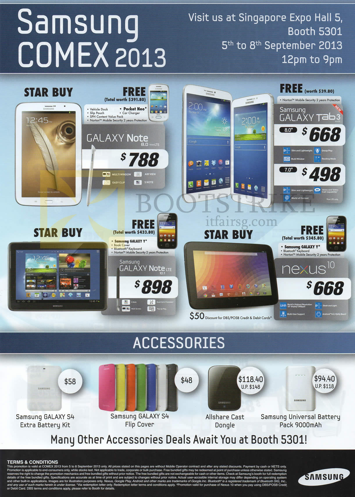 COMEX 2013 price list image brochure of Samsung Tablets Galaxy Note 8.0, Tab 3 8.0, Note 10.1 LTE, Nexus 10, Accessories Cover Battery Case