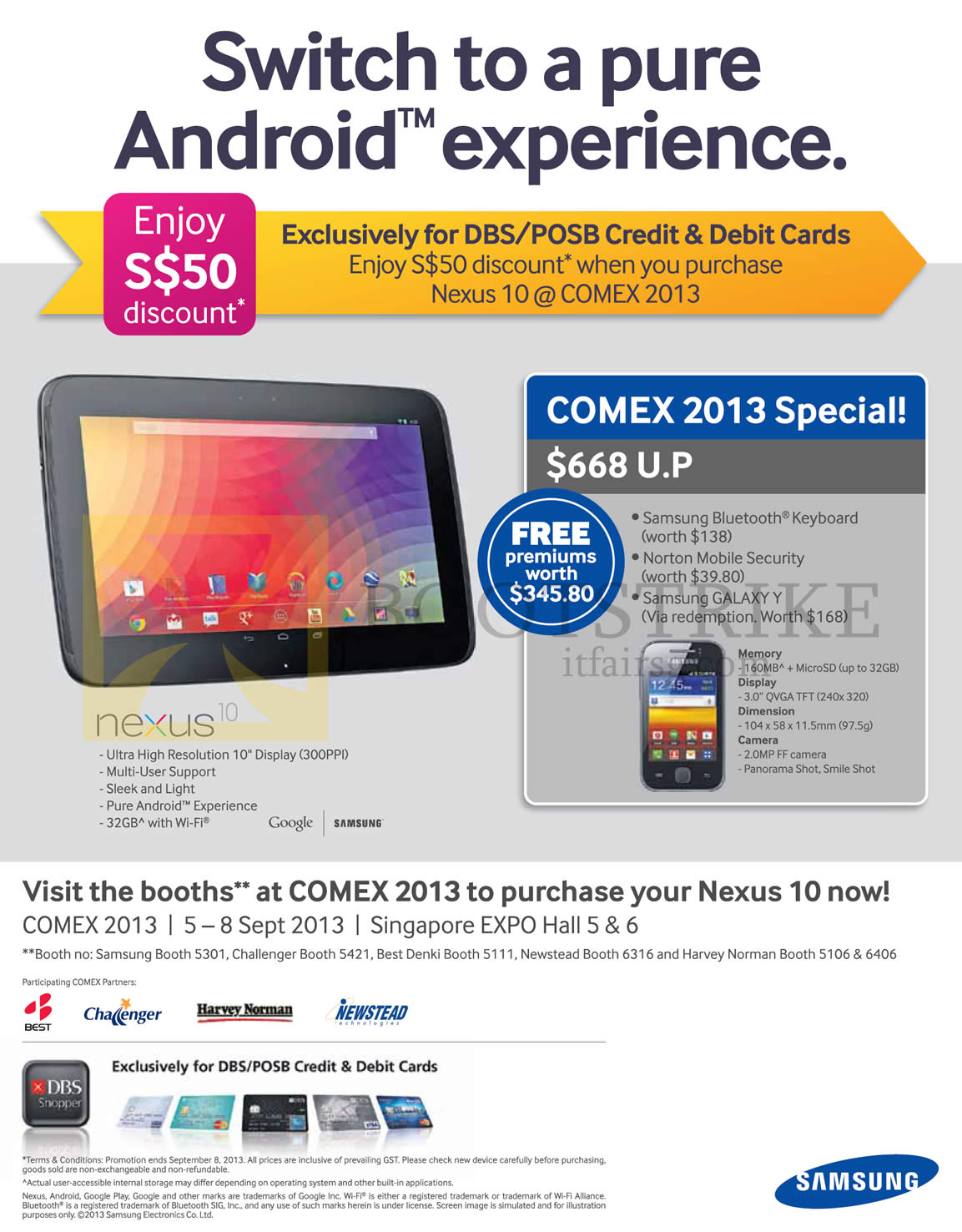 COMEX 2013 price list image brochure of Samsung Tablets Nexus 10, DBS, POSB