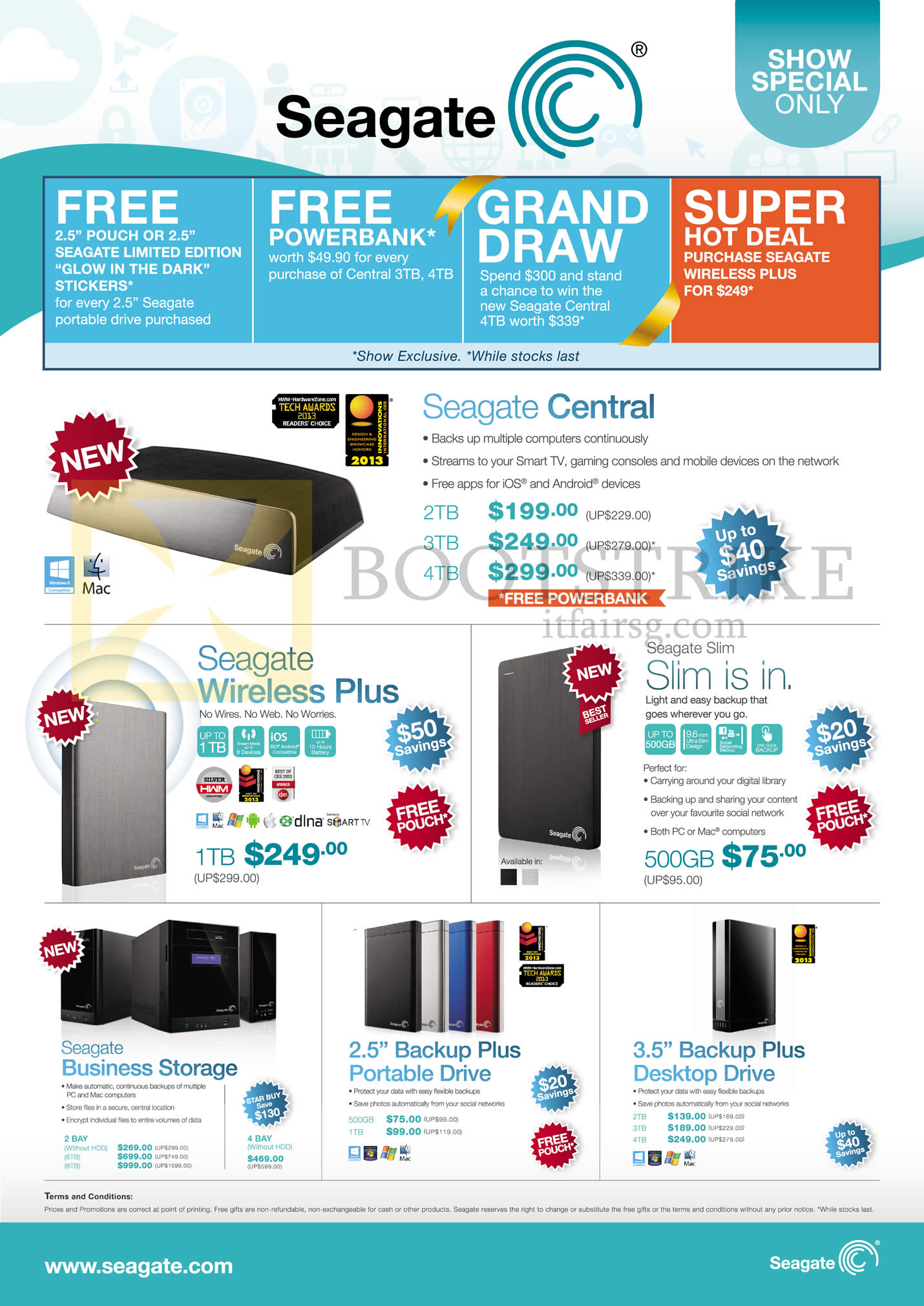 COMEX 2013 price list image brochure of Seagate External Storage Central NAS, Wireless Plus, Slim, Business, Backup Plus, Desktop Drive, 500GB, 1TB, 2TB, 3TB, 4TB