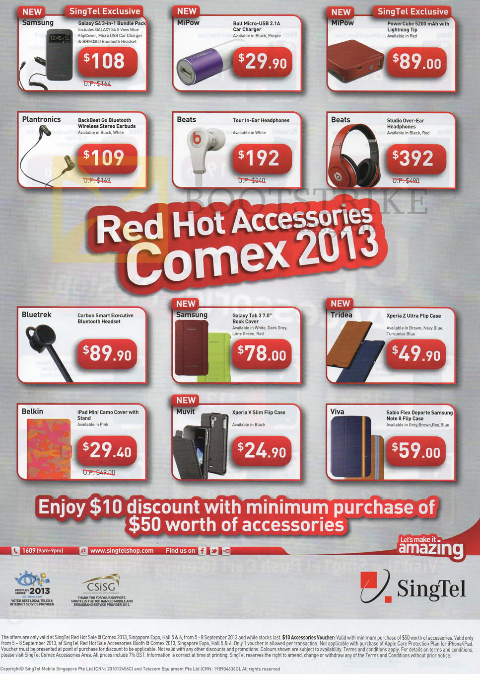 COMEX 2013 price list image brochure of Singtel Accessories Samsung S4, MiPow Charger, Beats Tour In-Ear, Stido, Plantronics, Bluetrek, Tridea, Viva, Belkin