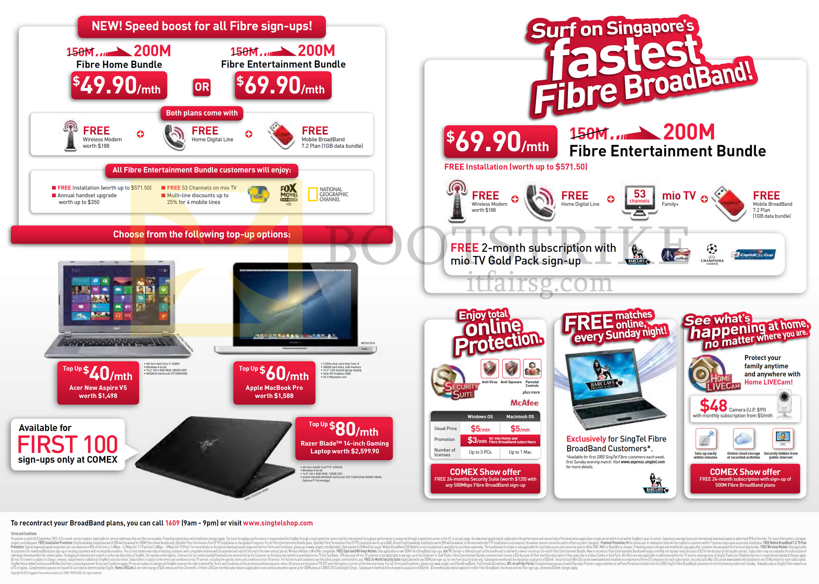 COMEX 2013 price list image brochure of Singtel Broadband Fibre 200Mbps, Acer Aspire V5, Apple Macbook Pro, Razer Blade, Mcafee Security Suite, Home Livecam