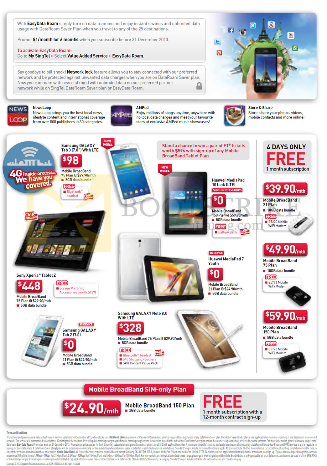 COMEX 2013 price list image brochure of Singtel Broadband Mobile Sony Xperia Tablet Z, Huawei MediaPad 10 Link, Media Pad 7, Samsung Galaxy Note 8.0, Tab 2 7.0