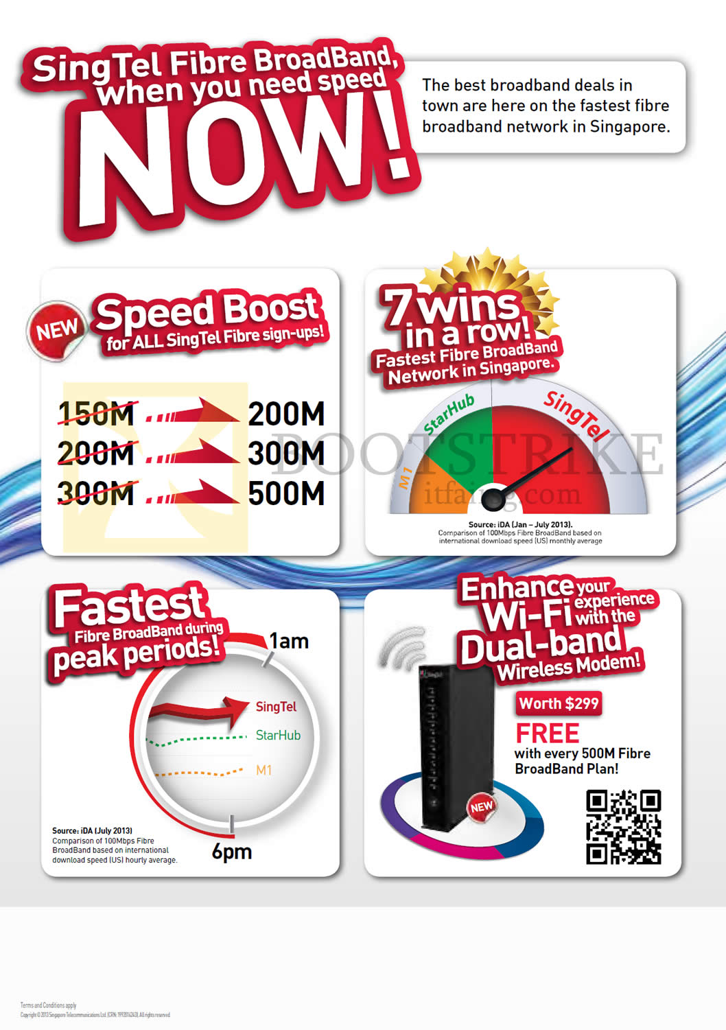 COMEX 2013 price list image brochure of Singtel Broadband Speed Boosts, 7 Wins, Peak Periods, Free Dual Band Wireless With 500Mbps Plans