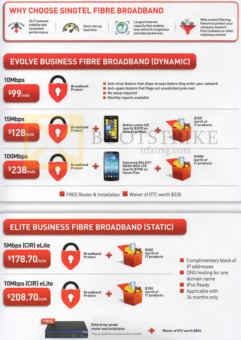 COMEX 2013 price list image brochure of Singtel Business Fibre Broadband Dynamic Evolve, Elite Static
