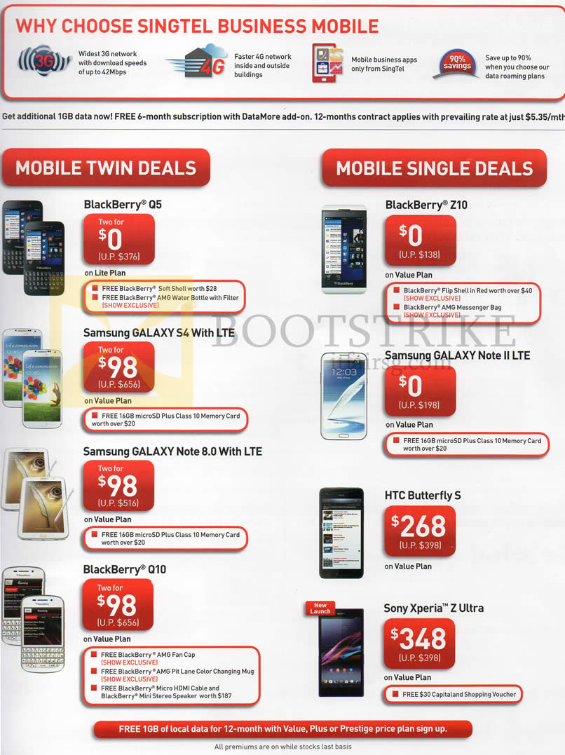 COMEX 2013 price list image brochure of Singtel Business Mobile Blackberry Q5, Z10, Q10, Samsung Galaxy S4, Note II LTE, Note 8.0, HTC Butterfly S, Sony Xperia Z Ultra