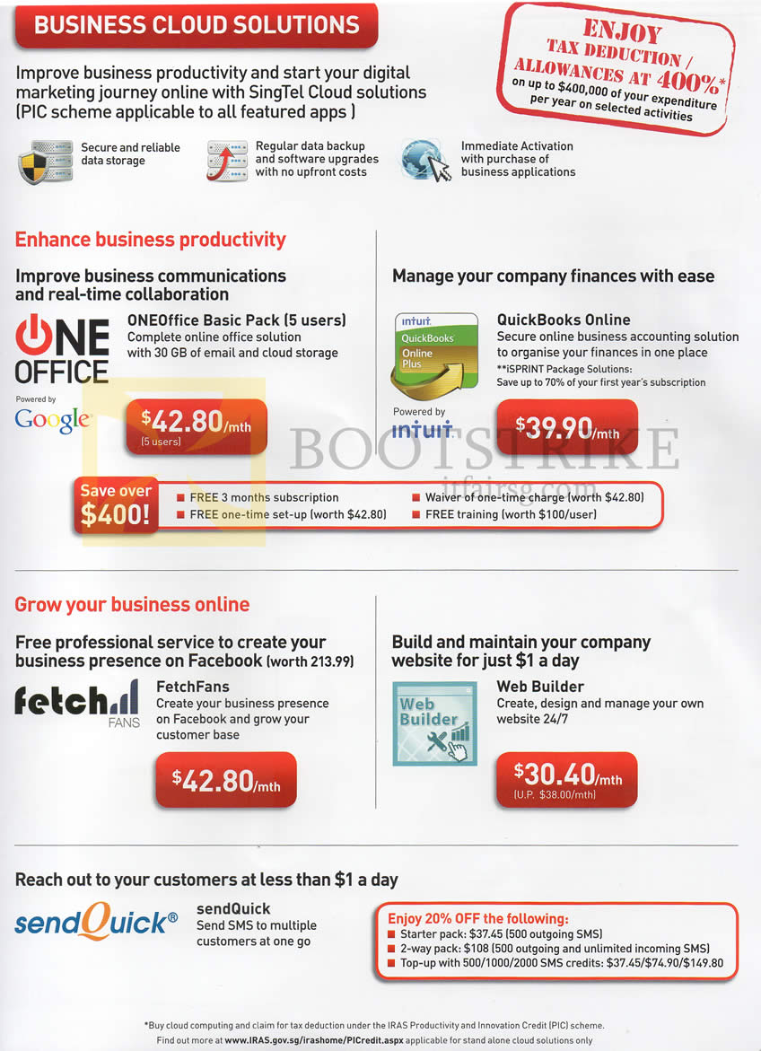 COMEX 2013 price list image brochure of Singtel Business One Office, FetchFans, Web Builder, Send Quick