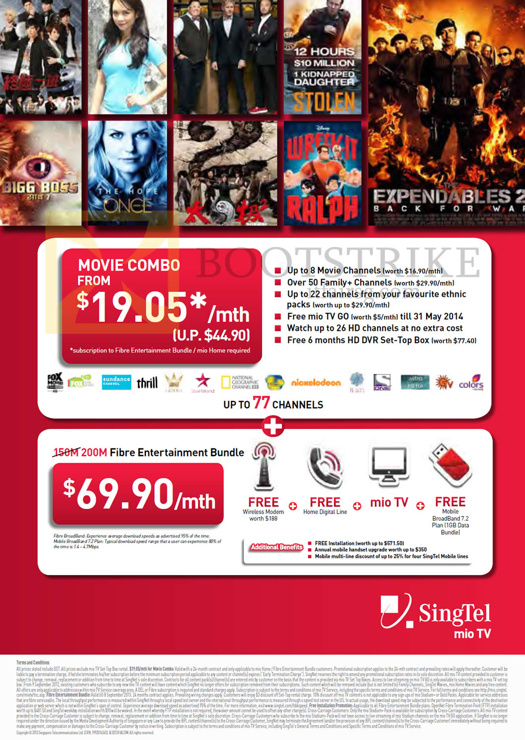 COMEX 2013 price list image brochure of Singtel Mio TV Movie Combo, 69.90 Fibre Broadband Entertainment Bundle, Fixed Line, Mobile Broadband