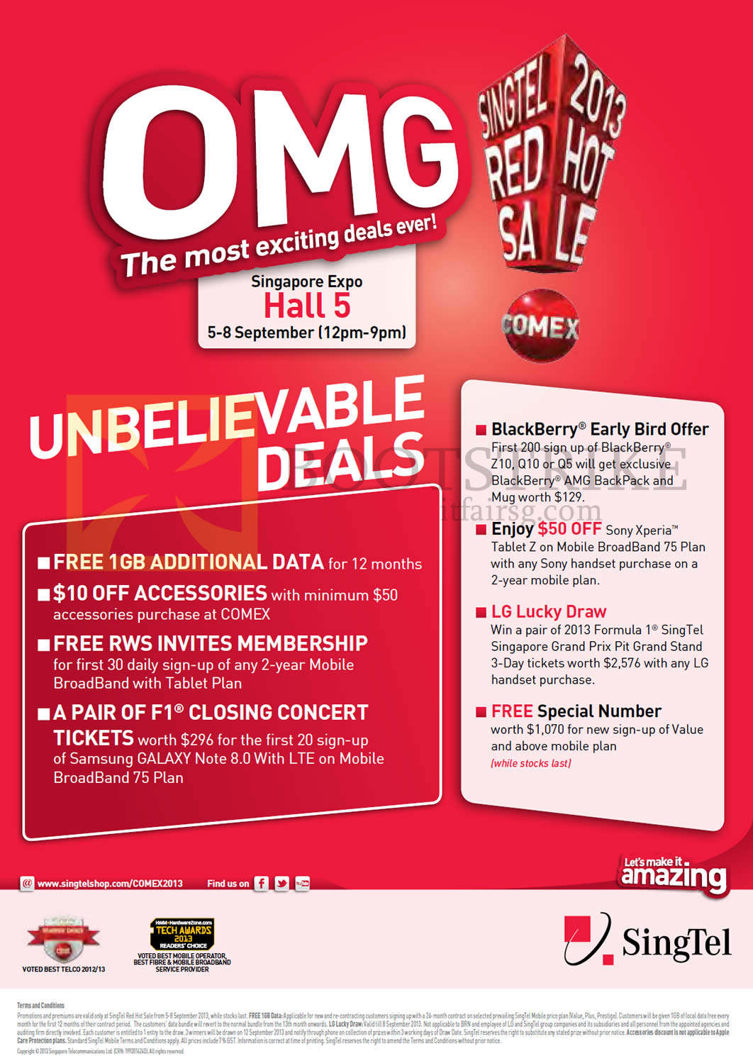 COMEX 2013 price list image brochure of Singtel Roadshow Exclusives, Free 1GB Data, RWS Invites Membership, F1 Closing Concert Tickets, Blackberry, Sony Xperia Z, Special Number