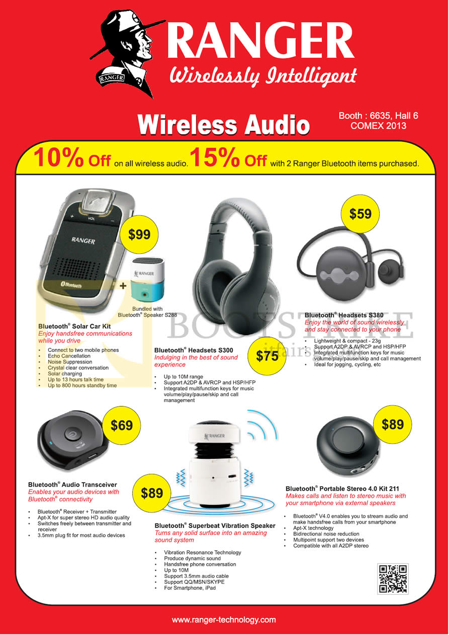 COMEX 2013 price list image brochure of Systems Tech Bluetooth Solar Car Kit, Headset S300, S380, Audio Transceiver, Superbeat Speaker, Kit 211