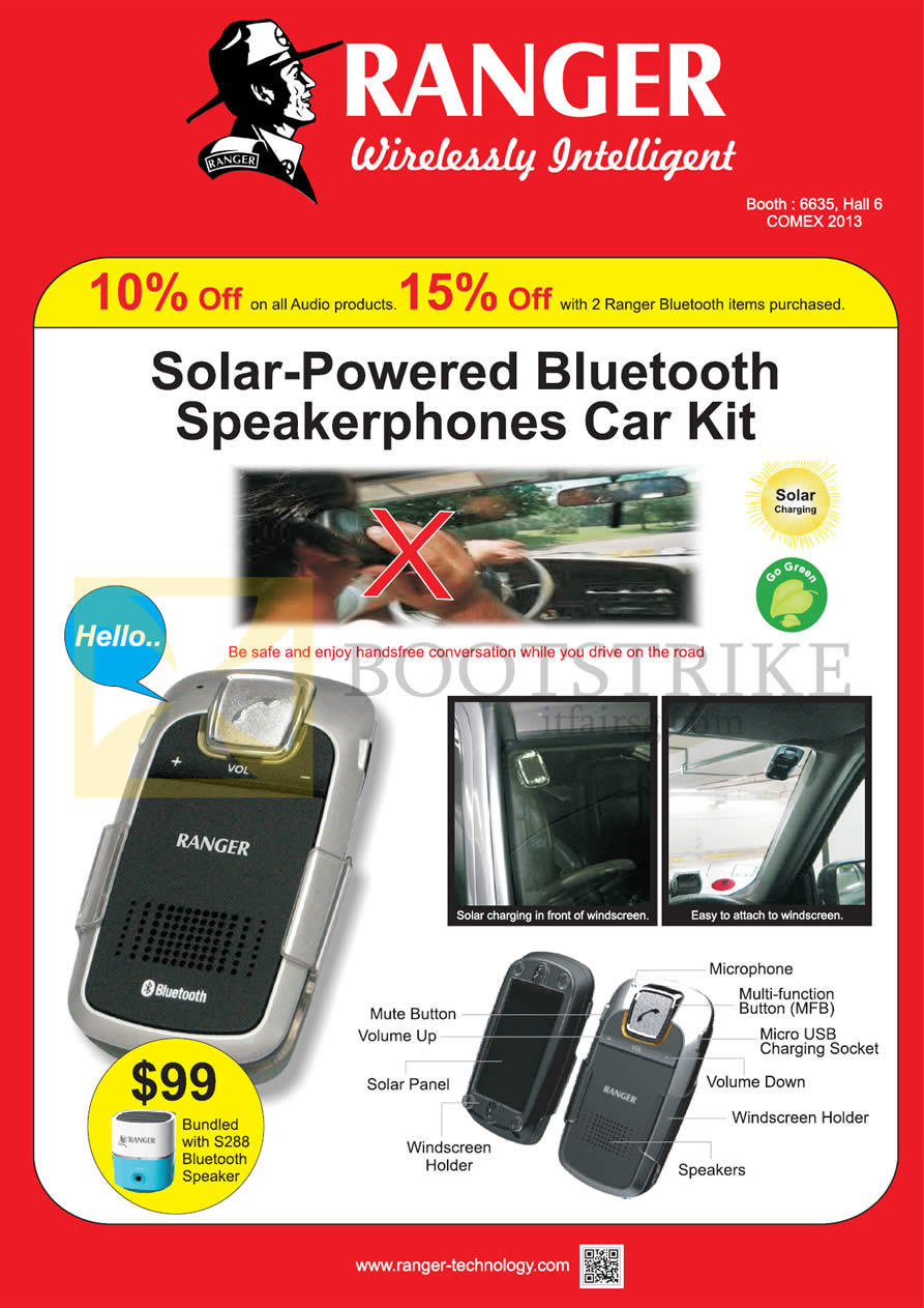 COMEX 2013 price list image brochure of Systems Tech Solar Powered Bluetooth Speakerphones Car Kit