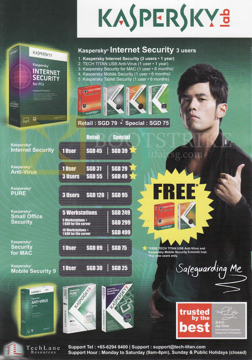 COMEX 2013 price list image brochure of Techlane Software Kaspersky Internet Security, Anti-Virus, Pure, Small Office Security, Mac, Mobile Security 9