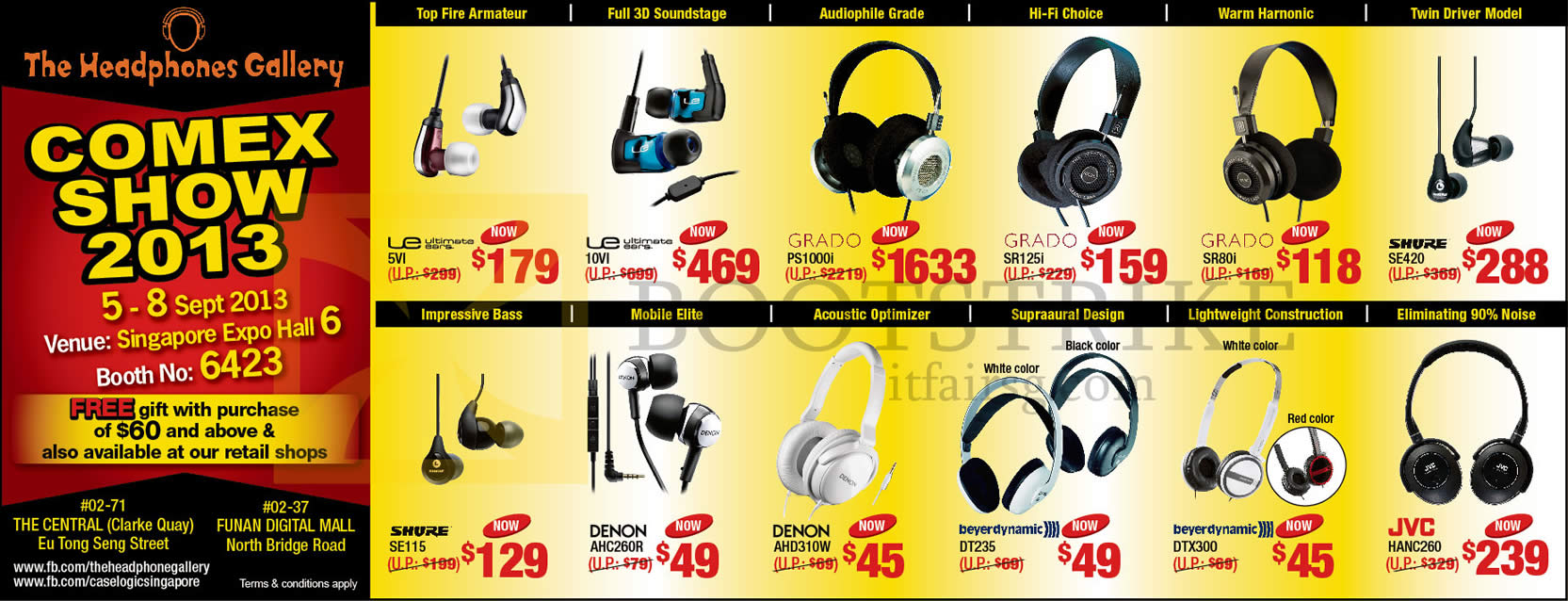 COMEX 2013 price list image brochure of The Headphones Gallery Headphones Earphones Ultimate Ears 5vi, 10vi, Grado PS1000i, SR125i, SR80i, Shure SE420, SE115, JVC HANC260, Denon, Beyer Dynamic
