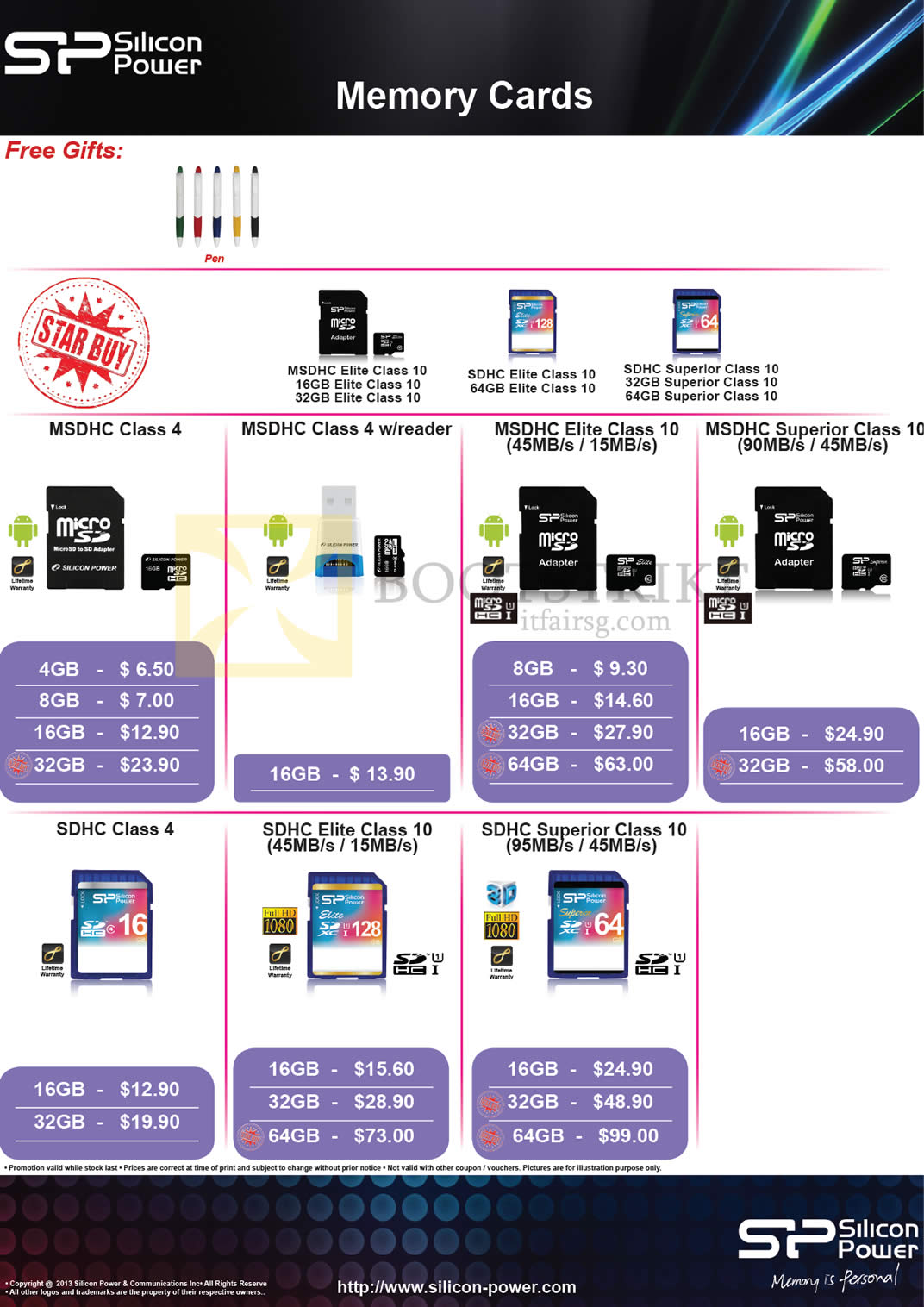 COMEX 2013 price list image brochure of The Perpetuity Silicon Power Flash Memory MicroSD, SDHC