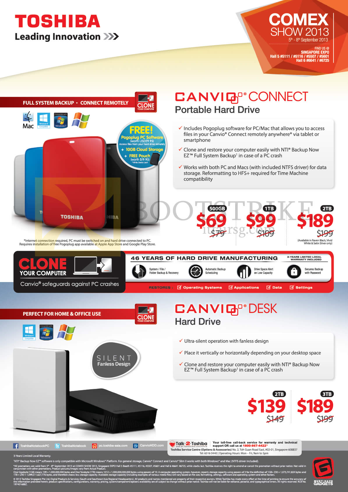 COMEX 2013 price list image brochure of Toshiba External Storage Canvio Connect 500GB 1TB 2TB, Desk Hard Drive
