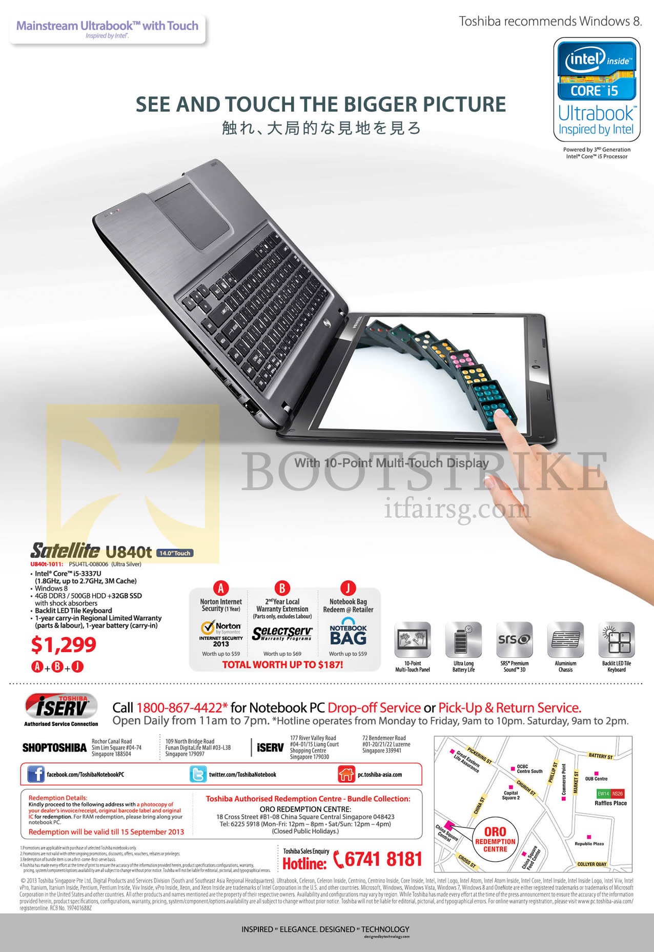 COMEX 2013 price list image brochure of Toshiba Notebooks Satellite U840t-1011, Drop-Off Service, Pickup N Return Service