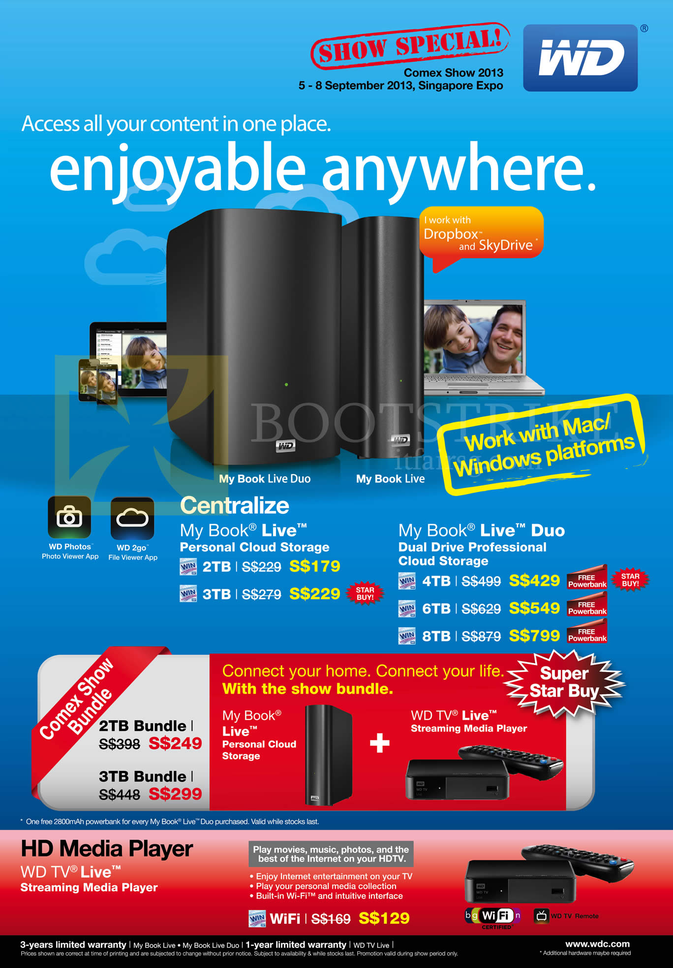 COMEX 2013 price list image brochure of Western Digital WD NAS Centralize My Book Live, Live Duo, 2TB, 3TB, Media Player TV Live