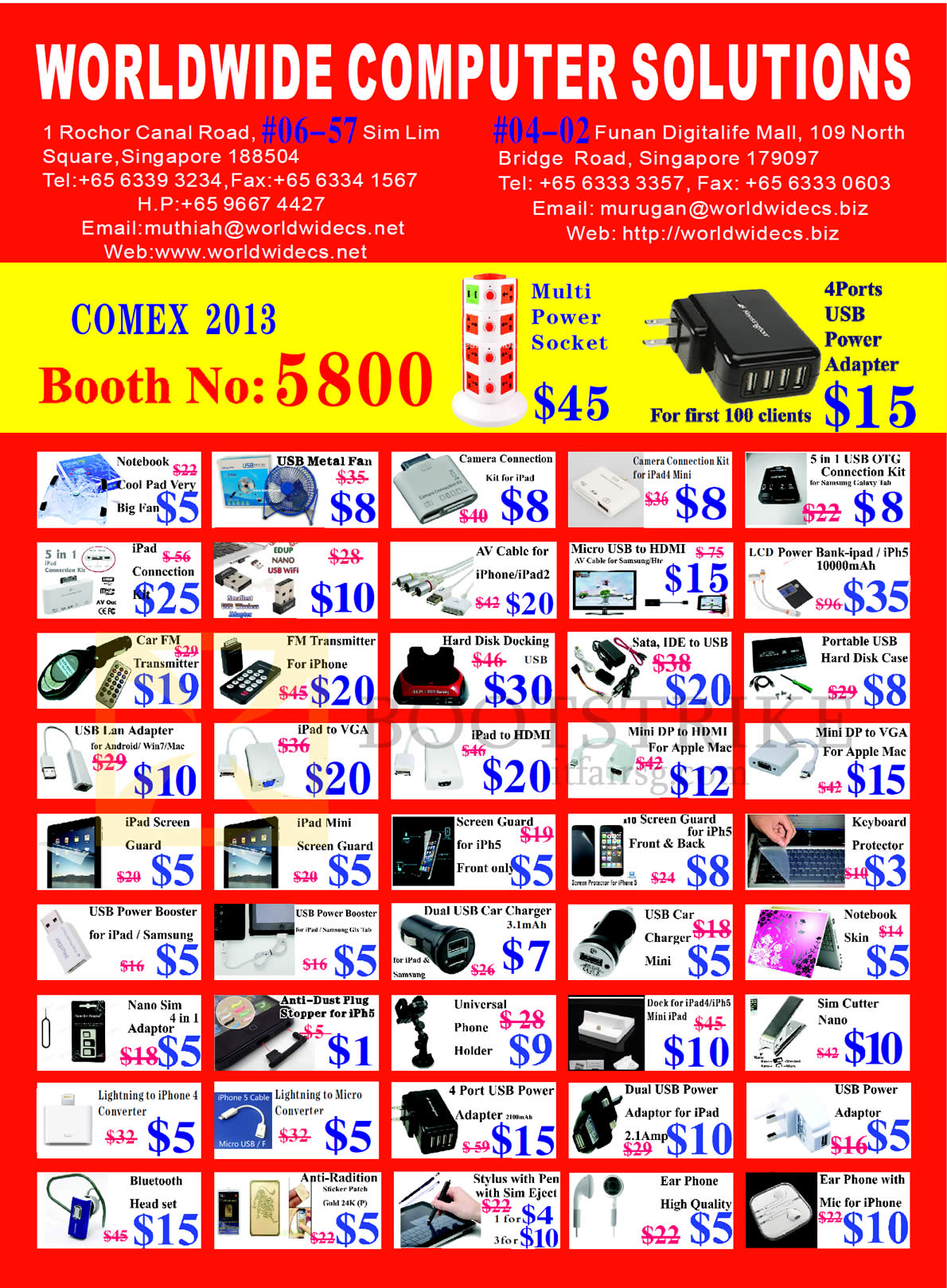 COMEX 2013 price list image brochure of Worldwide Computer Accessories Notebook Cooling Pad, USB, Camera Connection Kit, FM Transmitter, IPad, IPhone Screen Protector, Earphone, Skin, HDMI, Bluetooth Headset