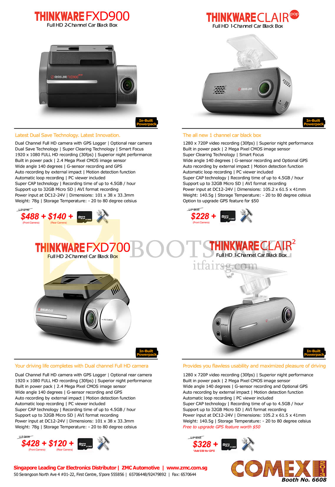 COMEX 2013 price list image brochure of ZMC Automotive Thinkware Car Video Recorder FXD900, Clair, FXD700, Clair 2