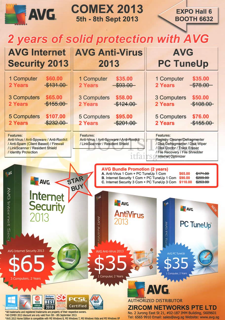 COMEX 2013 price list image brochure of Zircom AVG Security Software, Internet Security 2013, Anti-Virus 2013, PC TuneUp