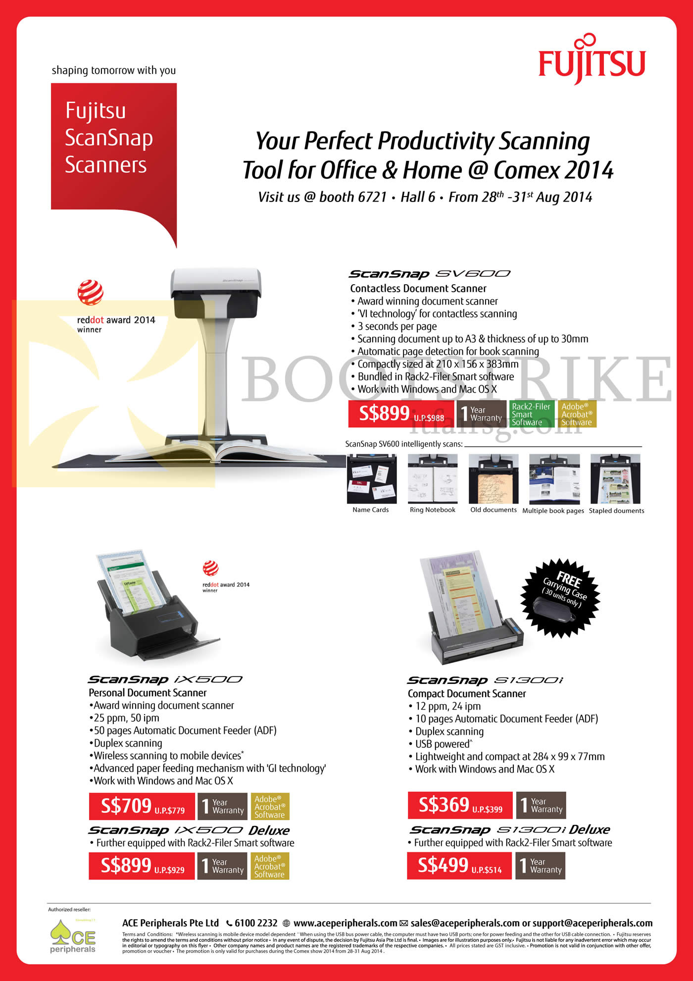 COMEX 2014 price list image brochure of ACE Peripherals Fujitsu Scansnap Scanners SV600, IX500, S1300i