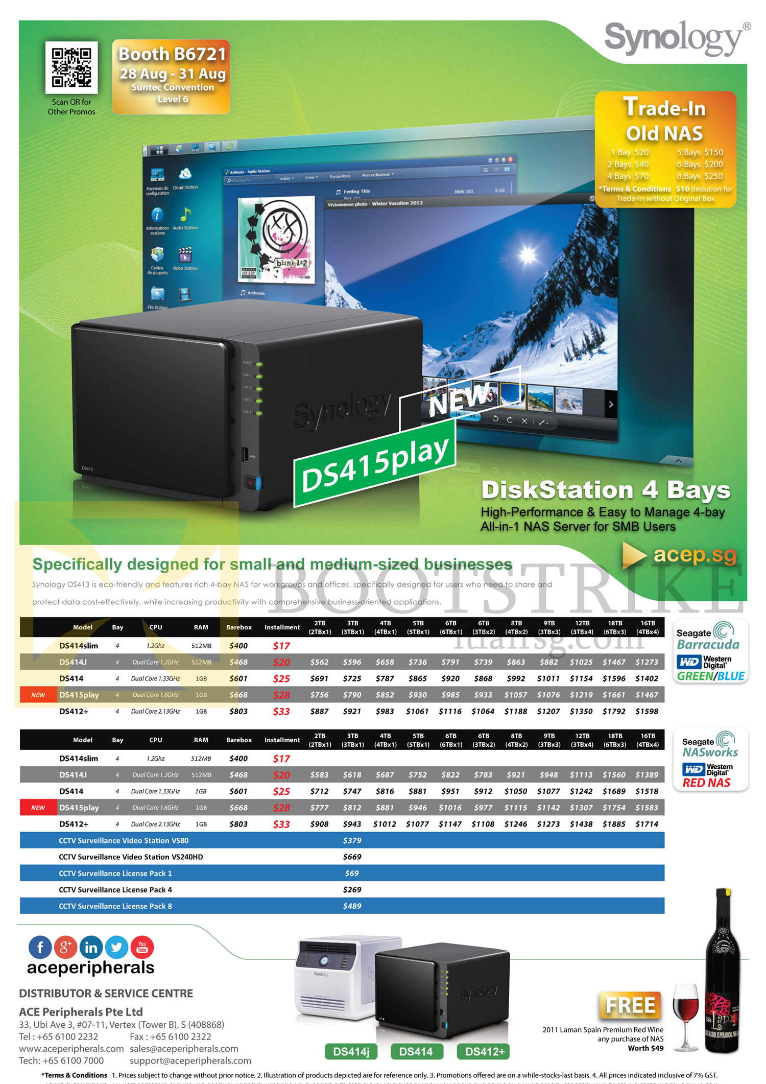 COMEX 2014 price list image brochure of ACE Peripherals NAS Synology Diskstation 4 Bays DS414slim, DS414J, DS414, DS415play, DS412 Plus