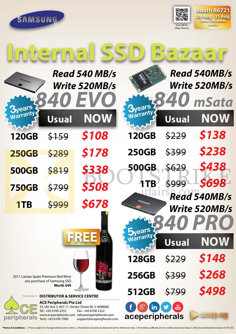 COMEX 2014 price list image brochure of ACE Peripherals SSD Samsung 840 EVO, MSata 120GB, 250GB, 500GB, 750GB, 1TB, Pro 128GB, 256GB, 512GB