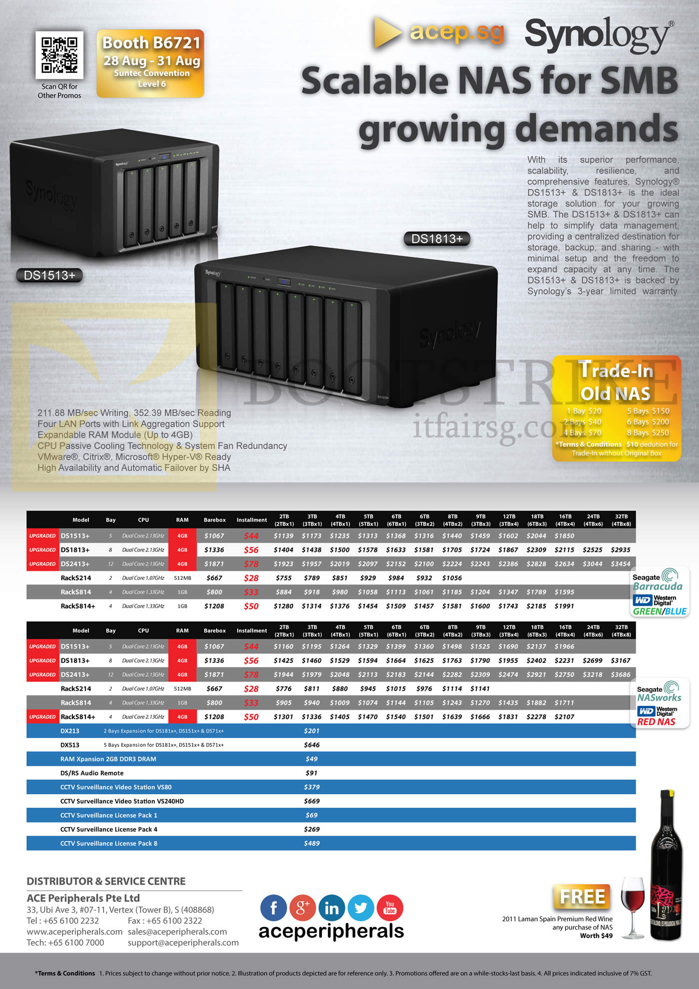 COMEX 2014 price list image brochure of ACE Peripherals Synology NAS DiskStation DS1513, DS1813, DS2413, RS214, RS814, DX213, VS80, VS240HD, DX513