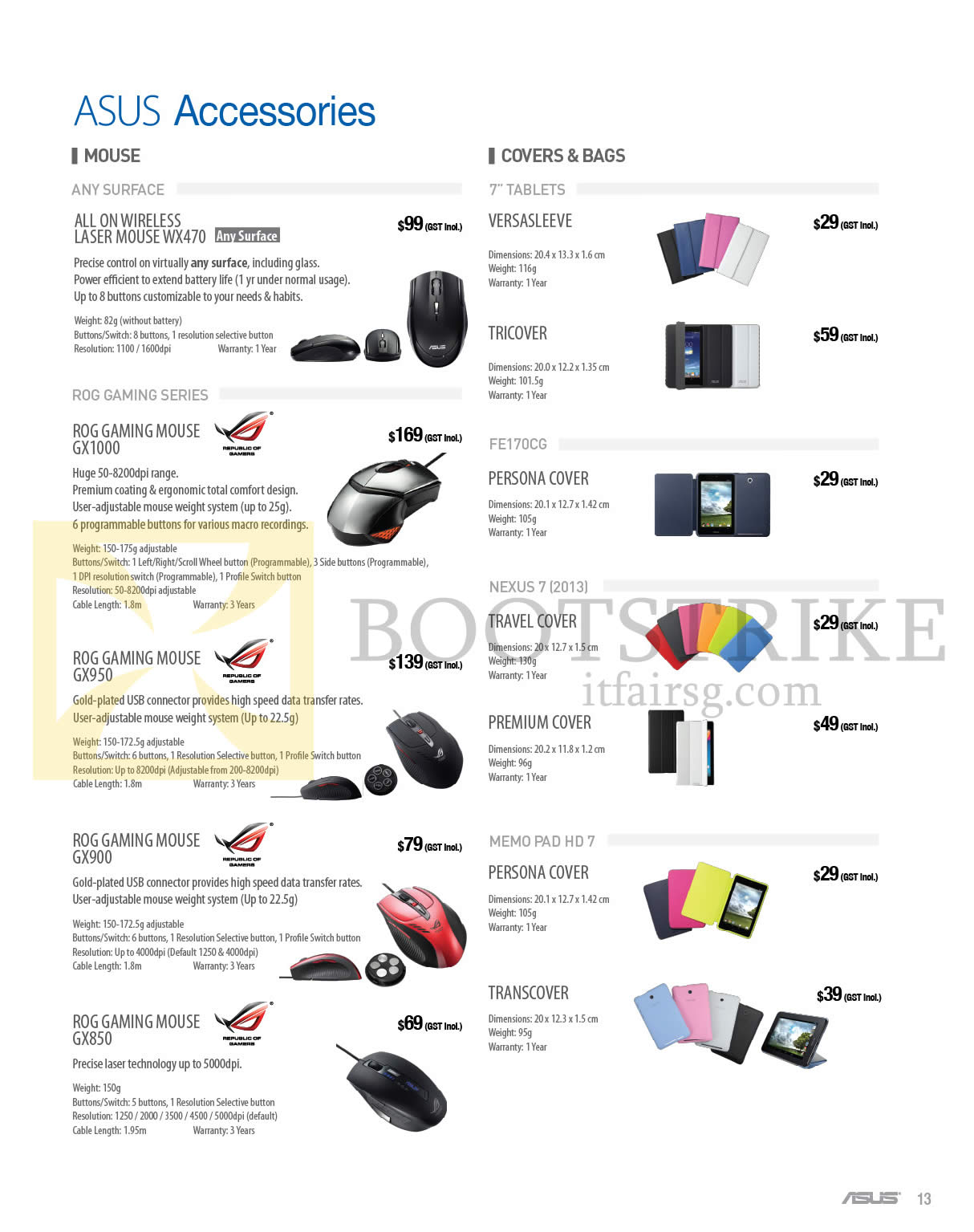 COMEX 2014 price list image brochure of ASUS Accessories Mouse, Covers, Bags, ROG Gaming Mouse, Laser, Transcover, Tricover, Persona