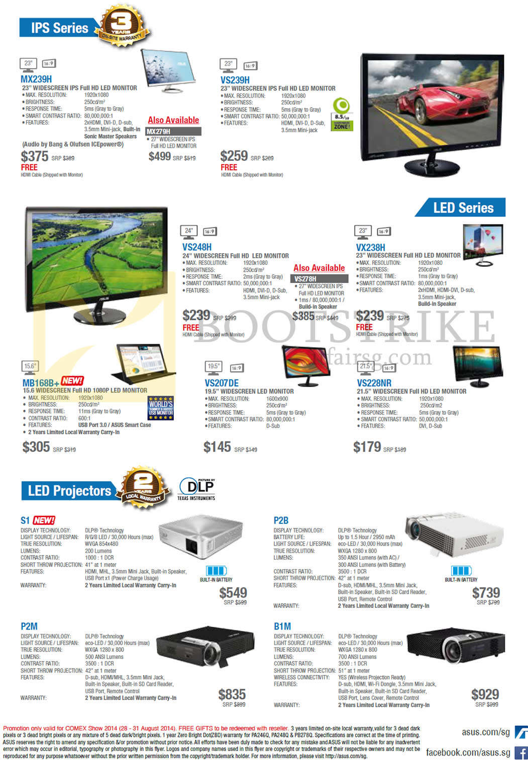 COMEX 2014 price list image brochure of ASUS Monitors, Projectors, MX239H, VS239H, VS248H, VX238H, MB168BPlus, VS207De, VS228Nr, S1, P2B, P2M, B1M