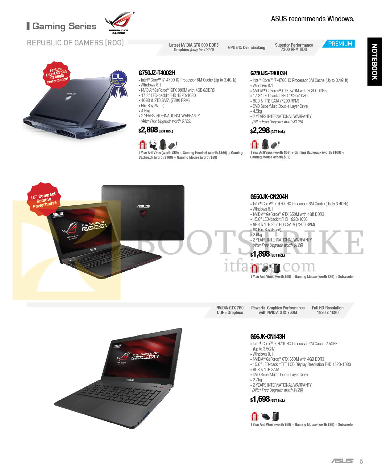 COMEX 2014 price list image brochure of ASUS Notebooks Gaming Series G750JZ-T4002H, G750JS-T4003H, G550JK-CN204H, G56JK-CN143H