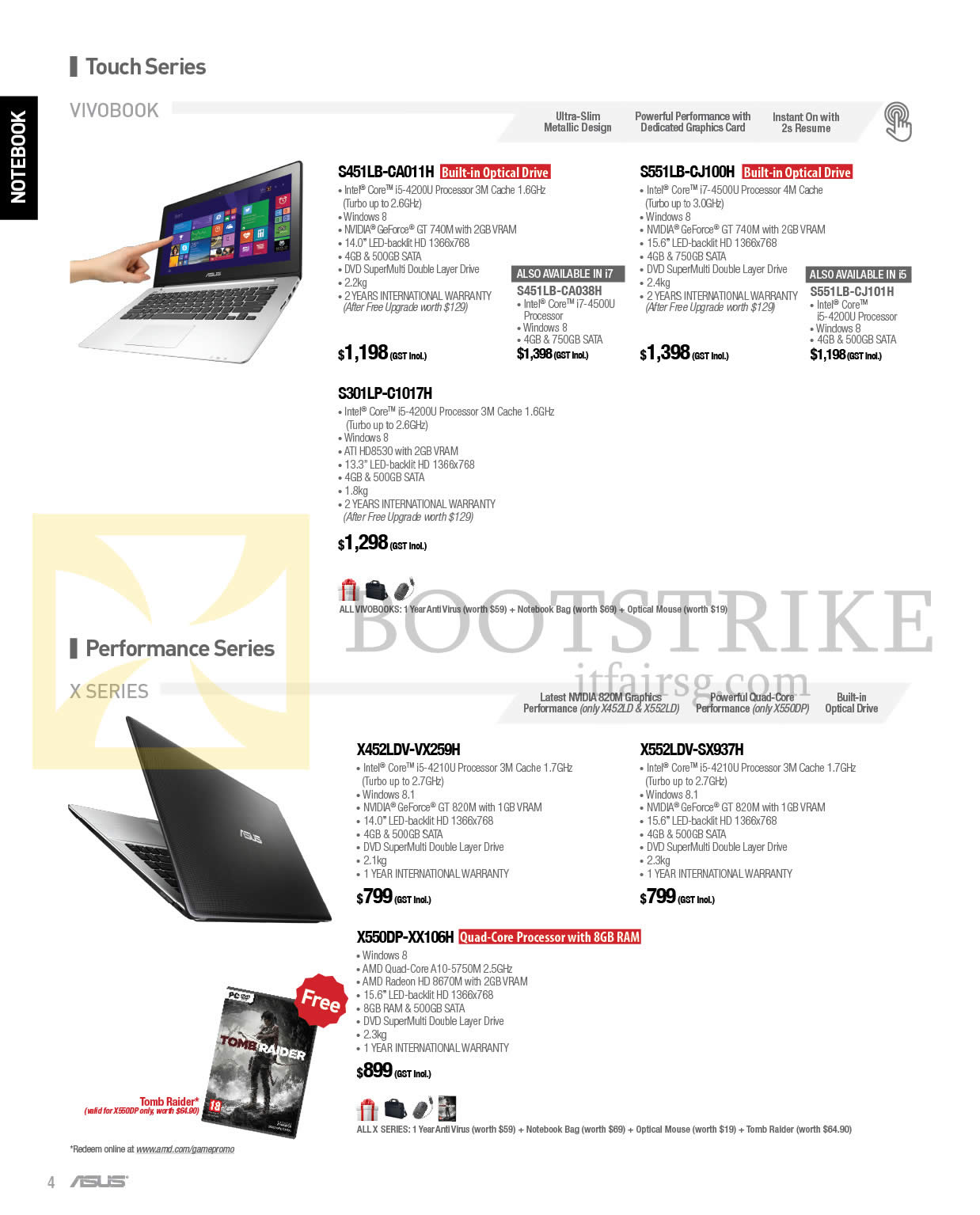 COMEX 2014 price list image brochure of ASUS Notebooks Vivobook Touch, Performance X Series S451LB-CA011H, CA038H, S551LB-CJ100H, CJ101H, S301LP-C1017H, X452LDV-VX259H, X552LDV-SX937H, X550DP-XX106H