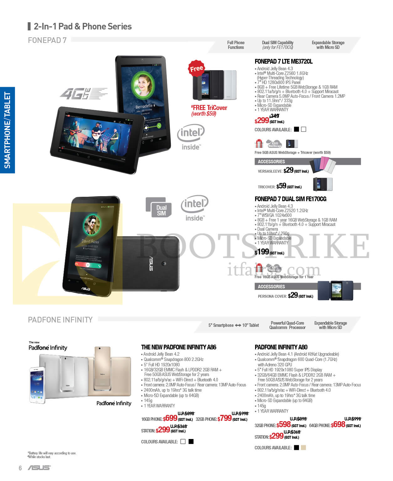 COMEX 2014 price list image brochure of ASUS Tablets Fonepad 7 LTE ME372CL, Fonepad 7 Dual Sim FE170CG, New Padfone Infinity A86, Padfone Infinity A80
